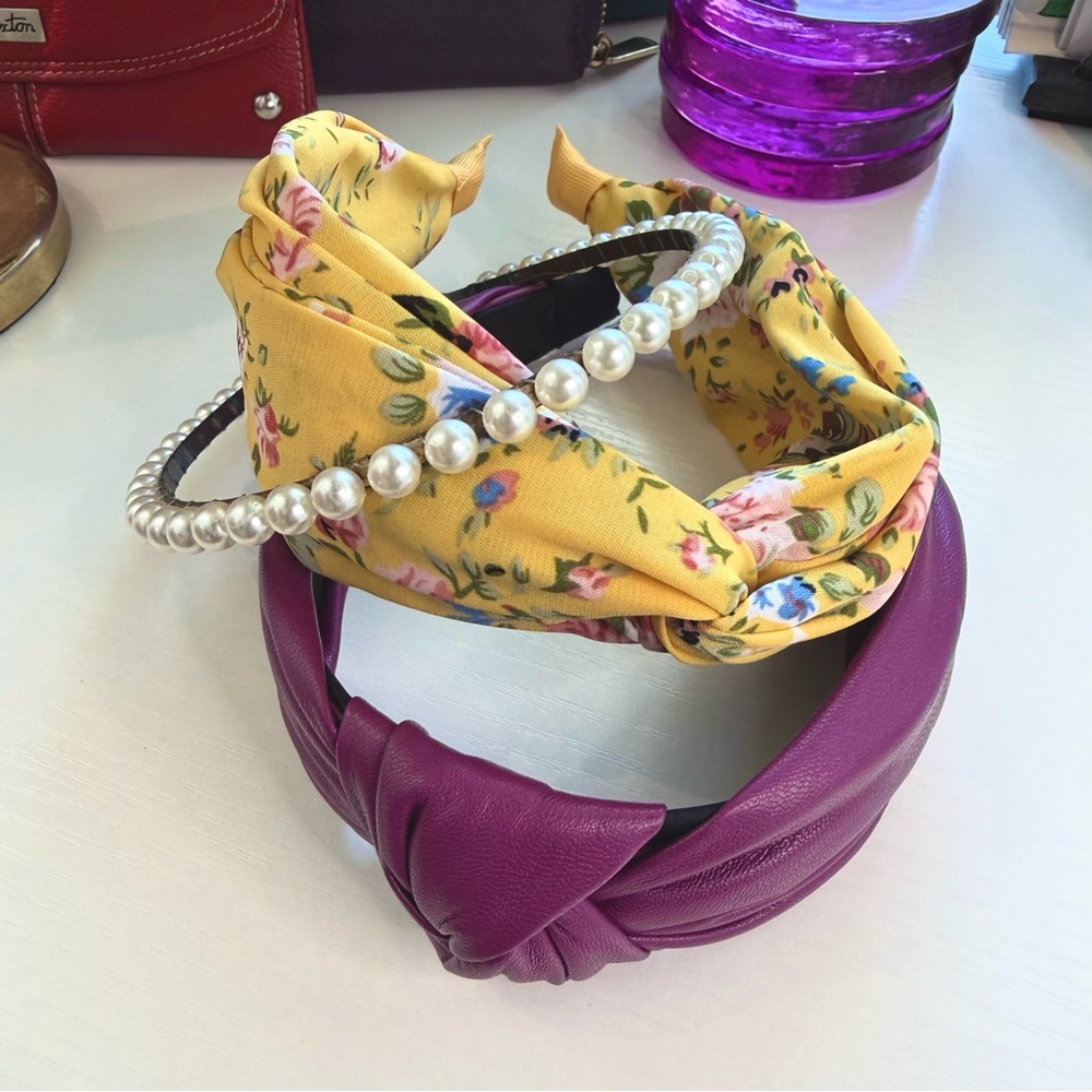 Victorian Floral Yellow,  Purple & Pearl Headband Set